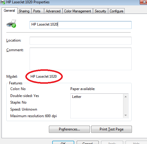 название принтера