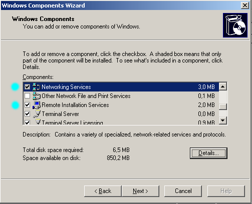 Windows component wizard, components for running Terminal Services